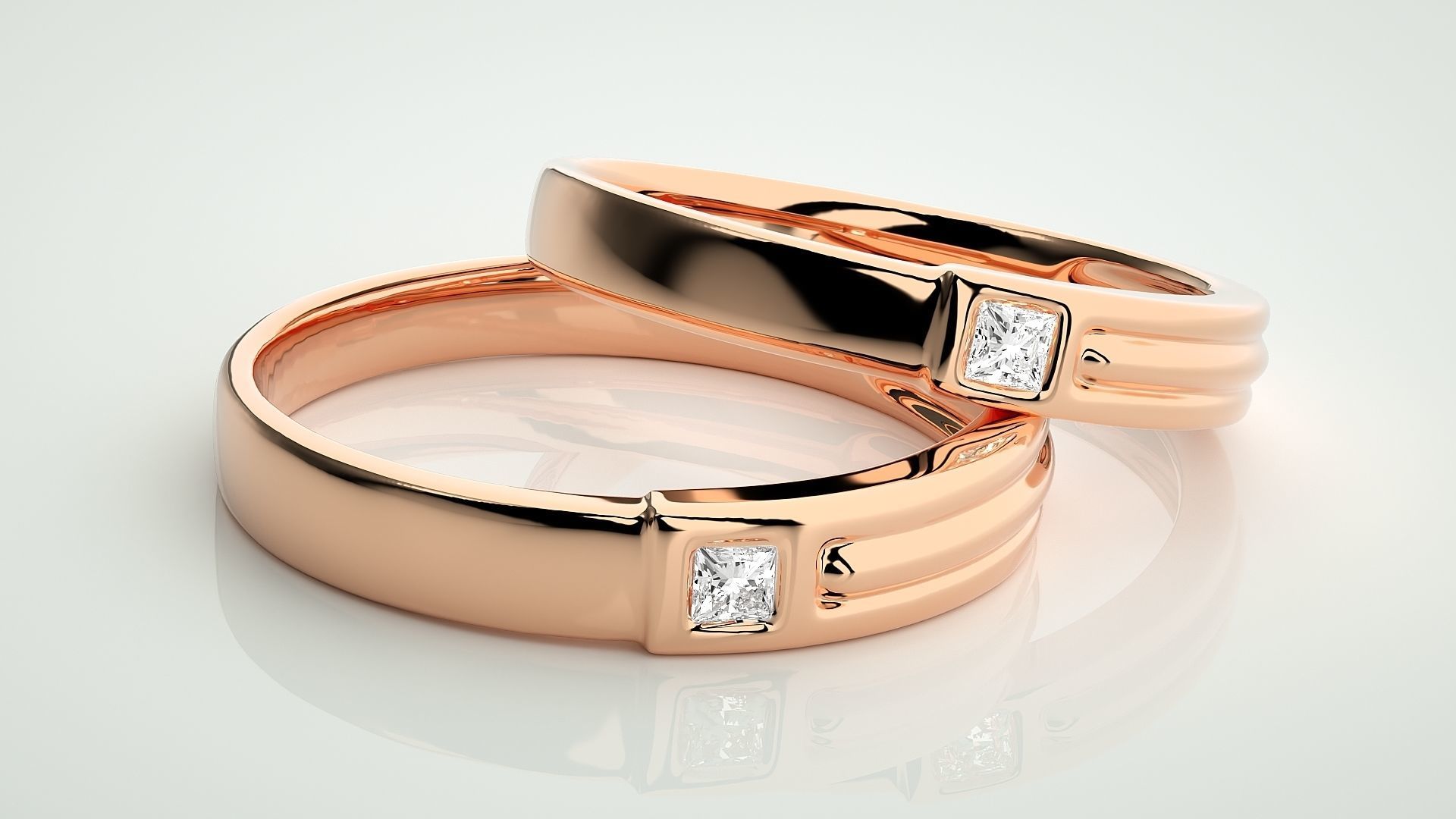 Princess Solitaire Couple Band Ring 3dm stl render detail 3D print model_1