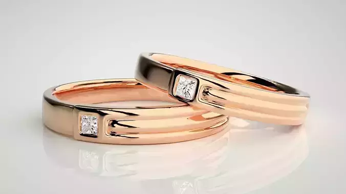 Princess Solitaire Couple Band Ring 3dm stl render detail 3D print model Princess Solitaire Couple Band Ring 3dm stl render detail 3D print model