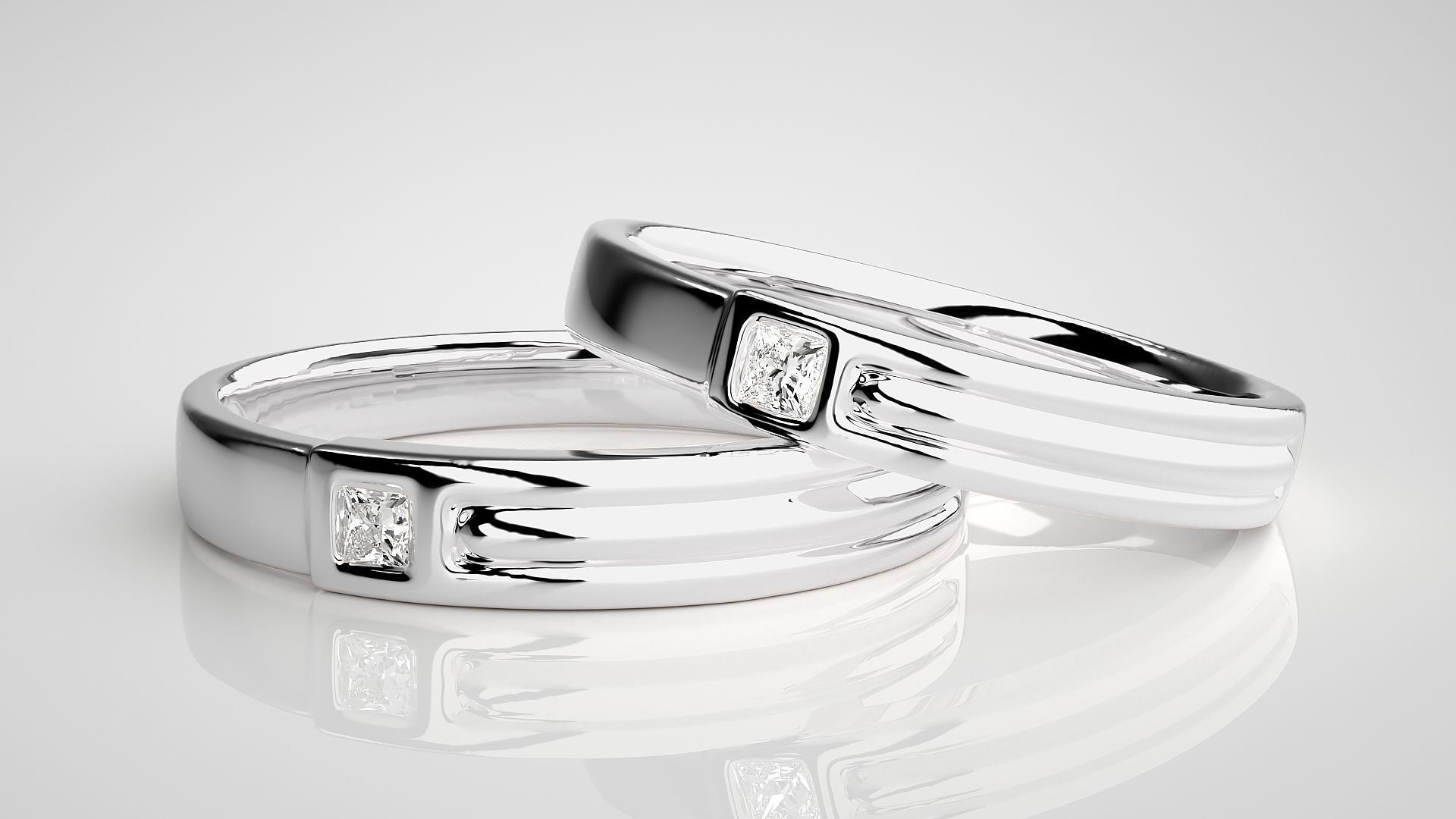 Princess Solitaire Couple Band Ring 3dm stl render detail 3D print model_5