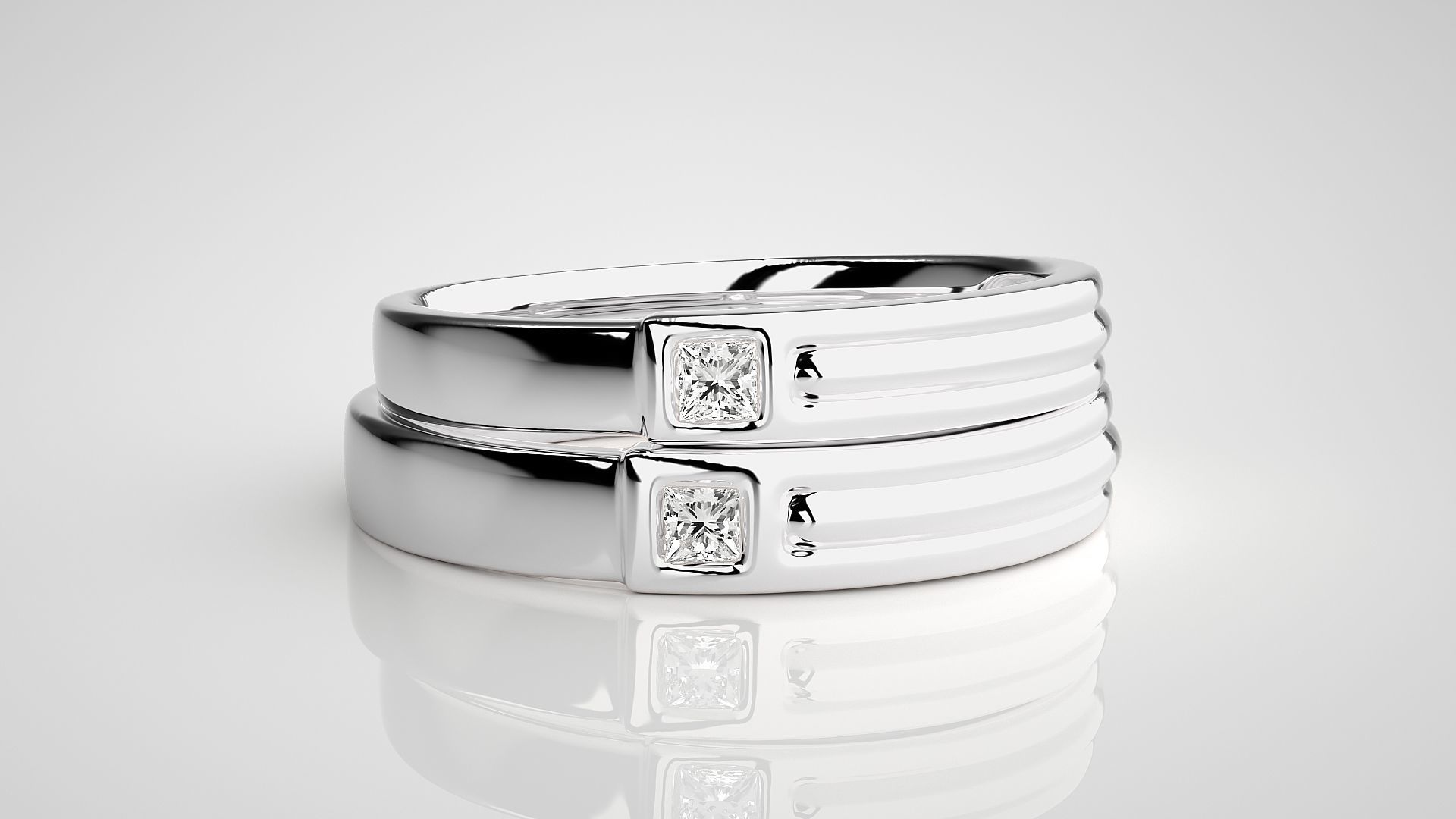 Princess Solitaire Couple Band Ring 3dm stl render detail 3D print model_7