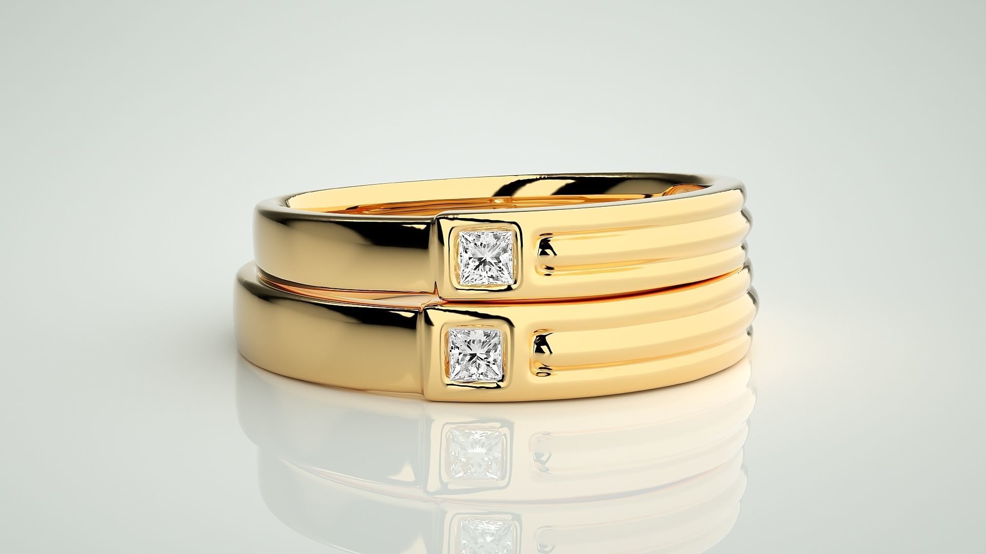 Princess Solitaire Couple Band Ring 3dm stl render detail 3D print model_11