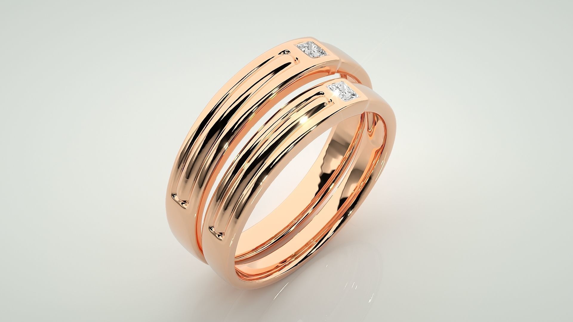 Princess Solitaire Couple Band Ring 3dm stl render detail 3D print model_4