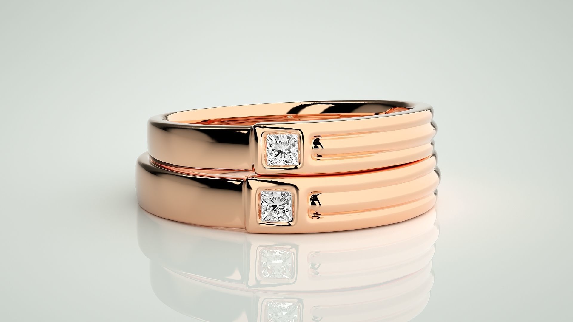 Princess Solitaire Couple Band Ring 3dm stl render detail 3D print model_2