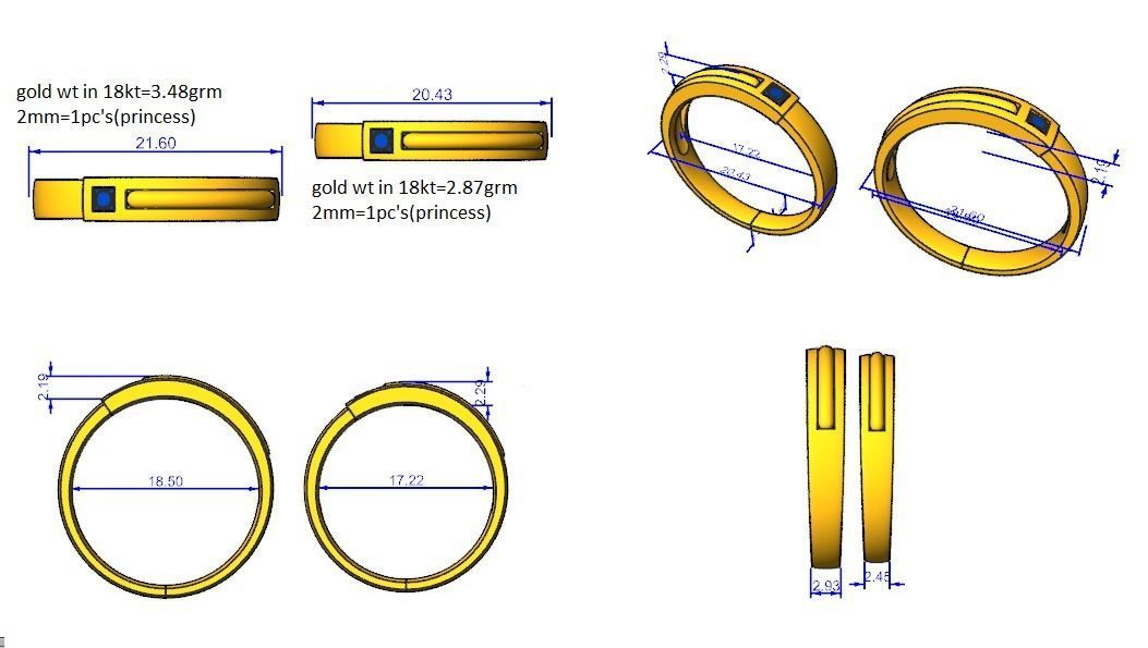 Princess Solitaire Couple Band Ring 3dm stl render detail 3D print model_3