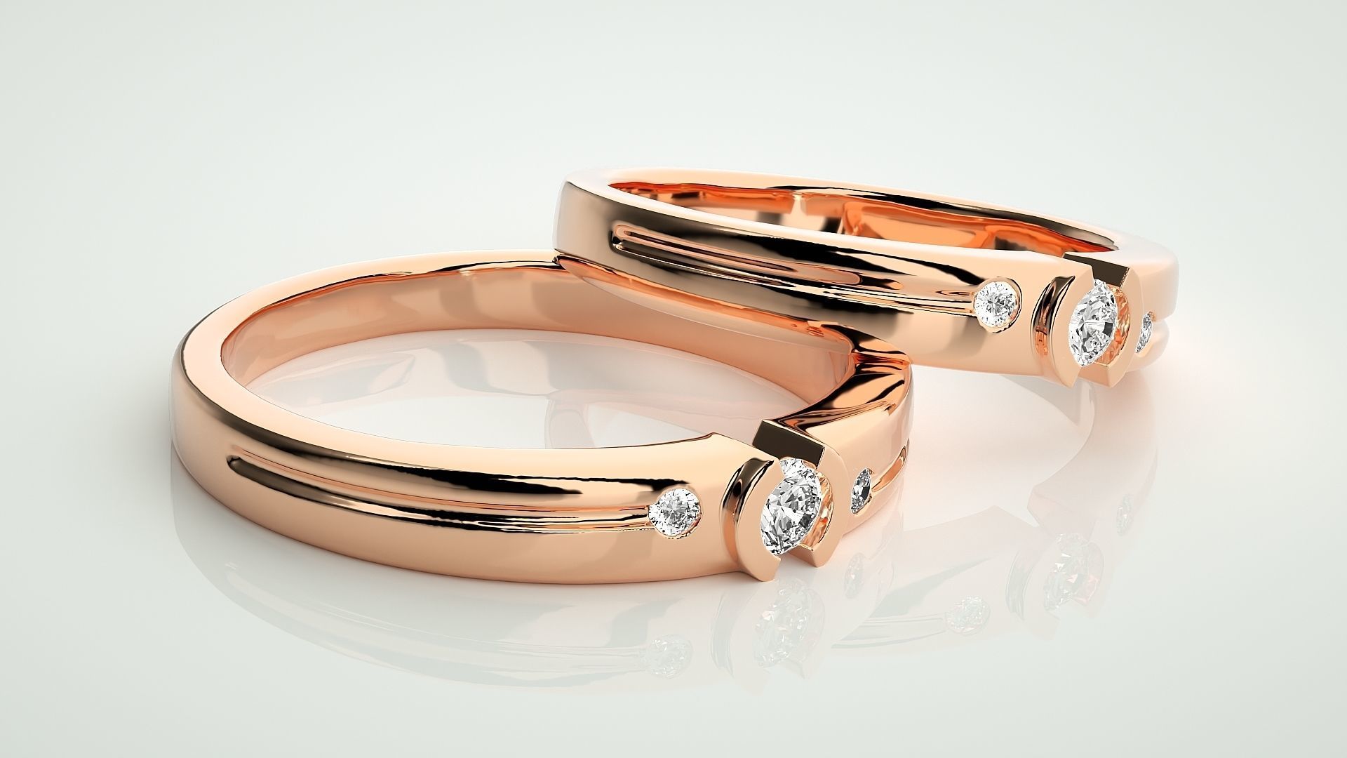 Tri-Diamond Solitaire Couple Band Ring 3dm stl render detail 3D print model_1