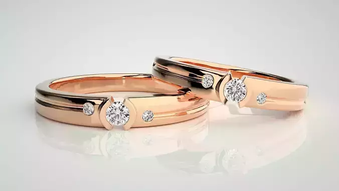 Tri-Diamond Solitaire Couple Band Ring 3dm stl render detail 3D print model
