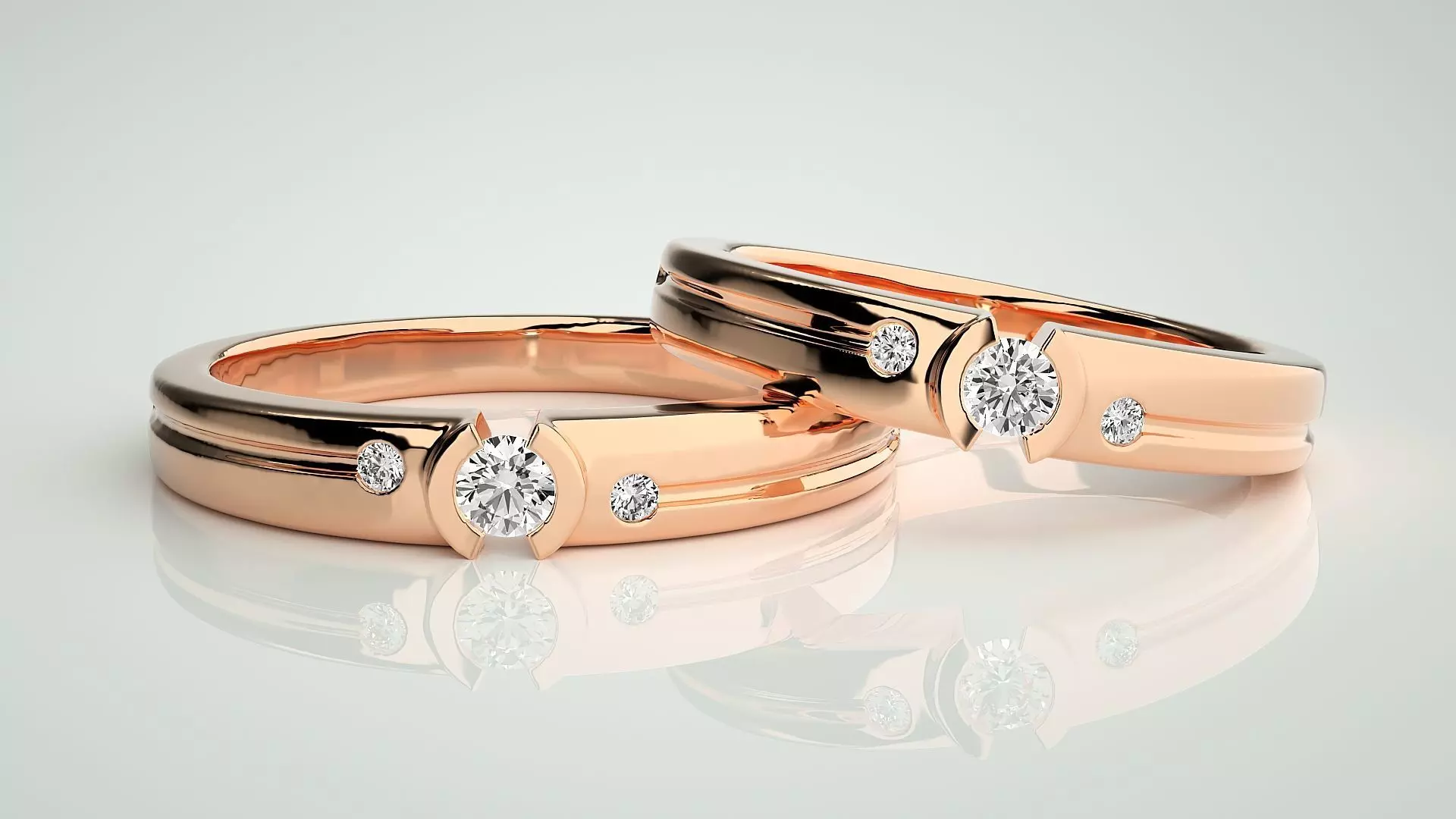 Tri-Diamond Solitaire Couple Band Ring 3dm stl render detail 3D print model_0