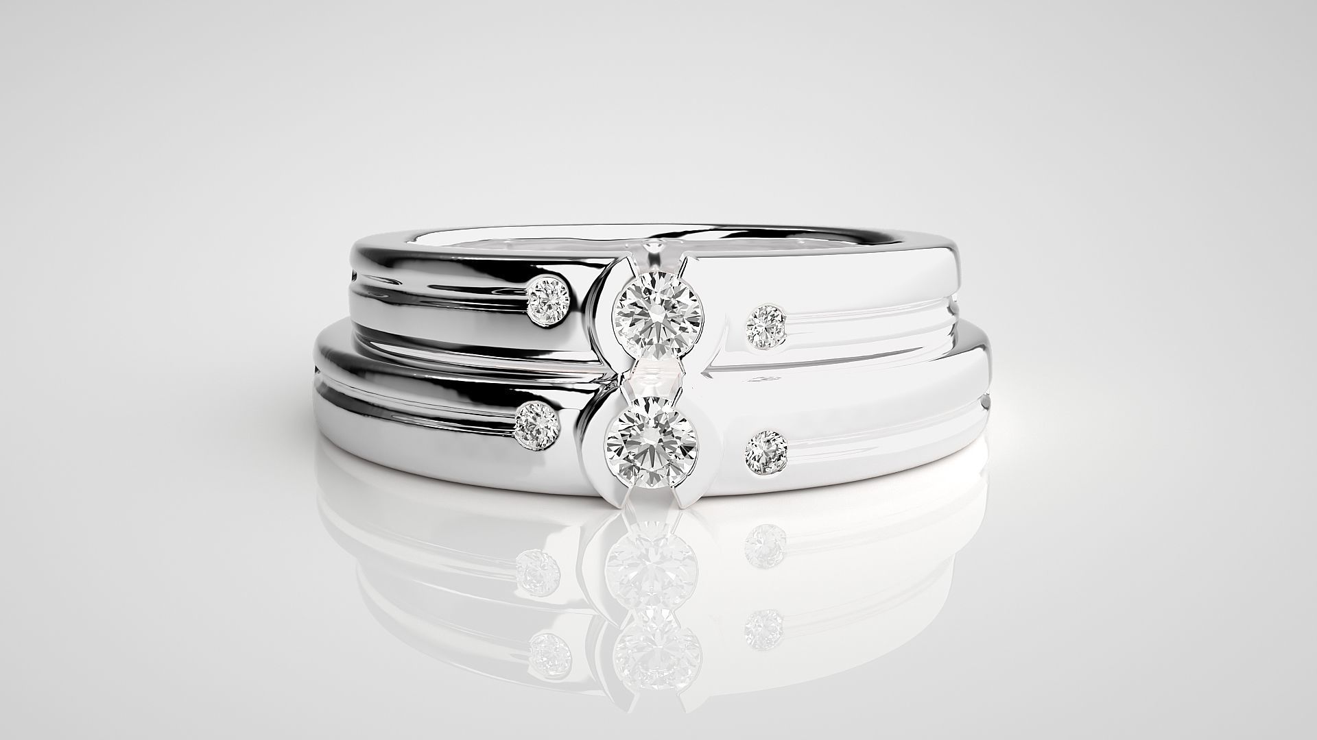 Tri-Diamond Solitaire Couple Band Ring 3dm stl render detail 3D print model_7