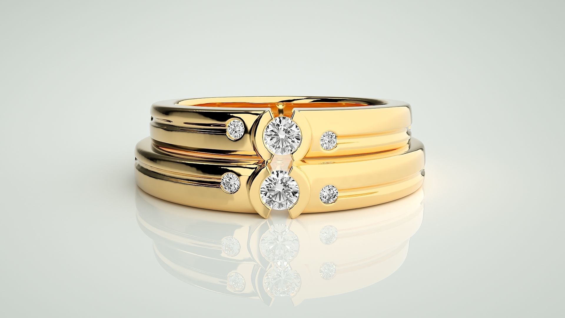 Tri-Diamond Solitaire Couple Band Ring 3dm stl render detail 3D print model_11
