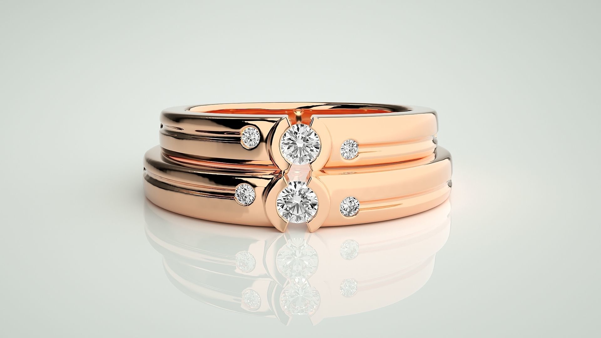 Tri-Diamond Solitaire Couple Band Ring 3dm stl render detail 3D print model_2
