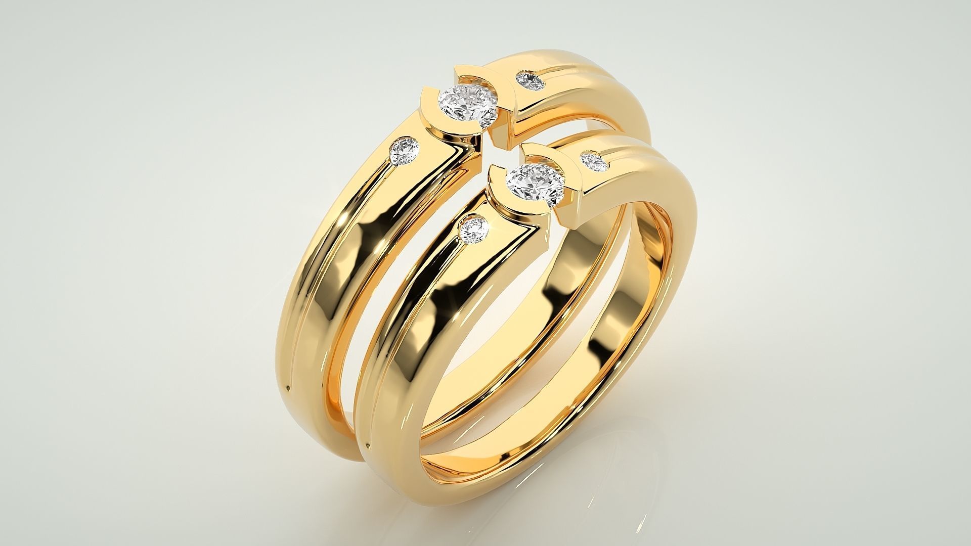 Tri-Diamond Solitaire Couple Band Ring 3dm stl render detail 3D print model_12