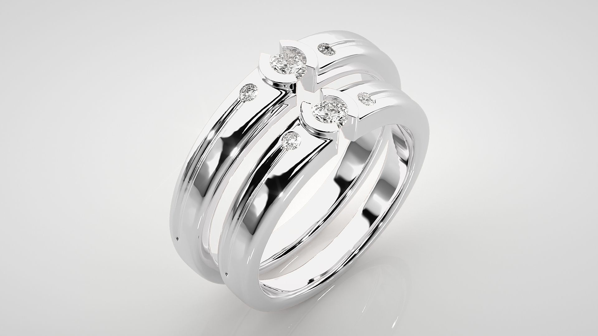 Tri-Diamond Solitaire Couple Band Ring 3dm stl render detail 3D print model_8