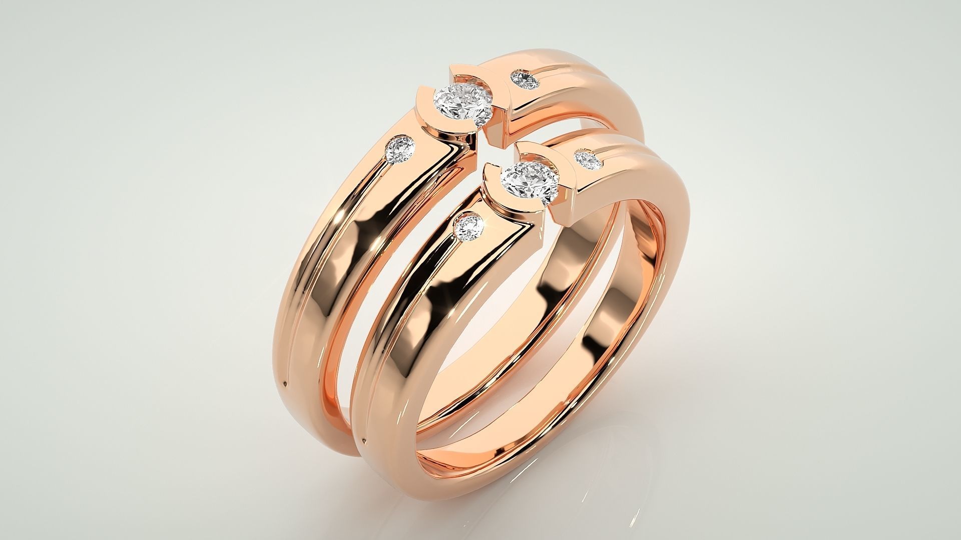 Tri-Diamond Solitaire Couple Band Ring 3dm stl render detail 3D print model_4