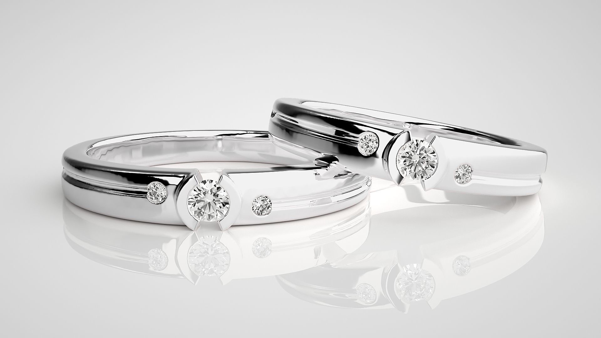 Tri-Diamond Solitaire Couple Band Ring 3dm stl render detail 3D print model_5