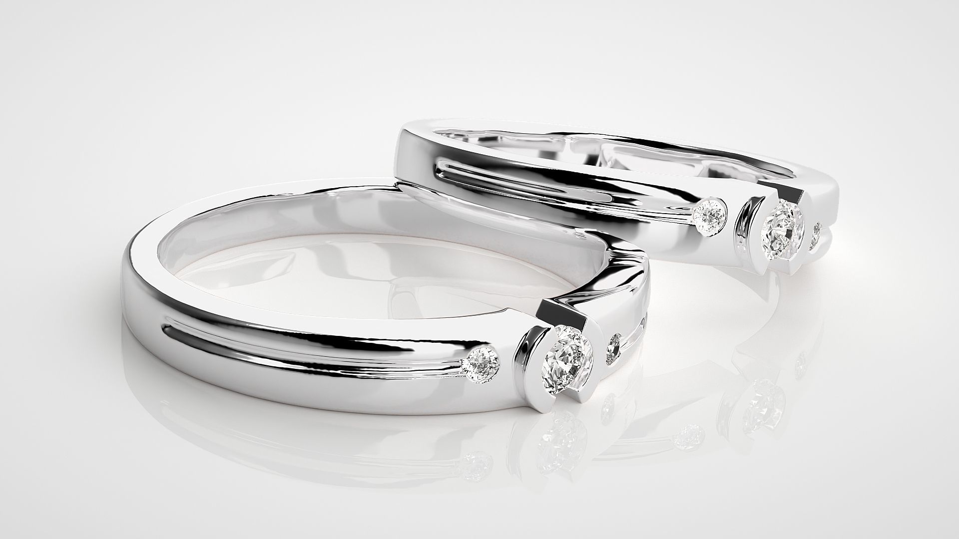 Tri-Diamond Solitaire Couple Band Ring 3dm stl render detail 3D print model_6