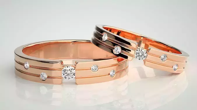 Solitaire Couple Band Ring 3dm stl render detail