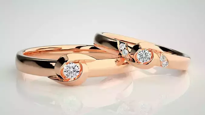 Solitaire Couple Band Ring 3dm stl render detail 