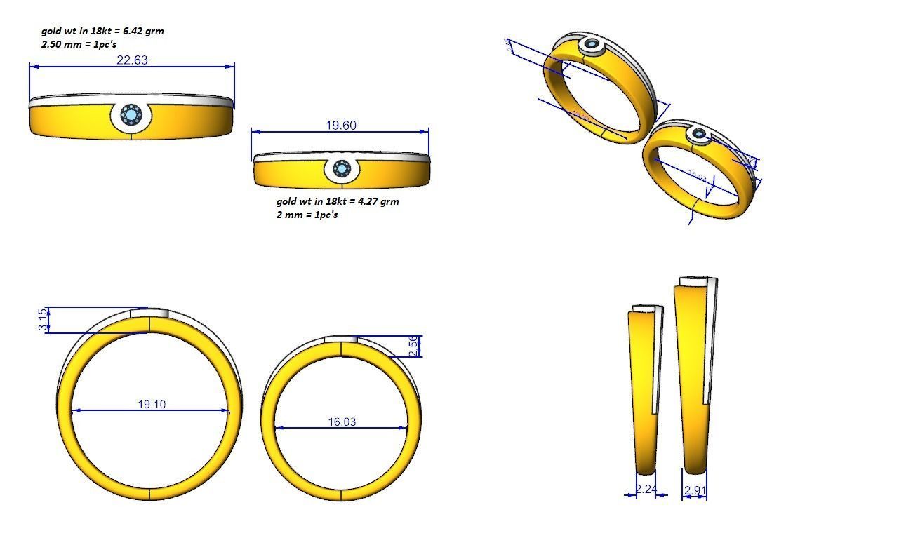 Solitaire Couple Band Ring 3dm stl render detail 3D print model_3
