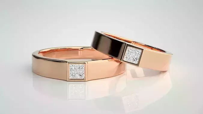 Princess Solitaire Couple Band Ring 3dm stl render detail 3D print model Princess Solitaire Couple Band Ring 3dm stl render detail 3D print model