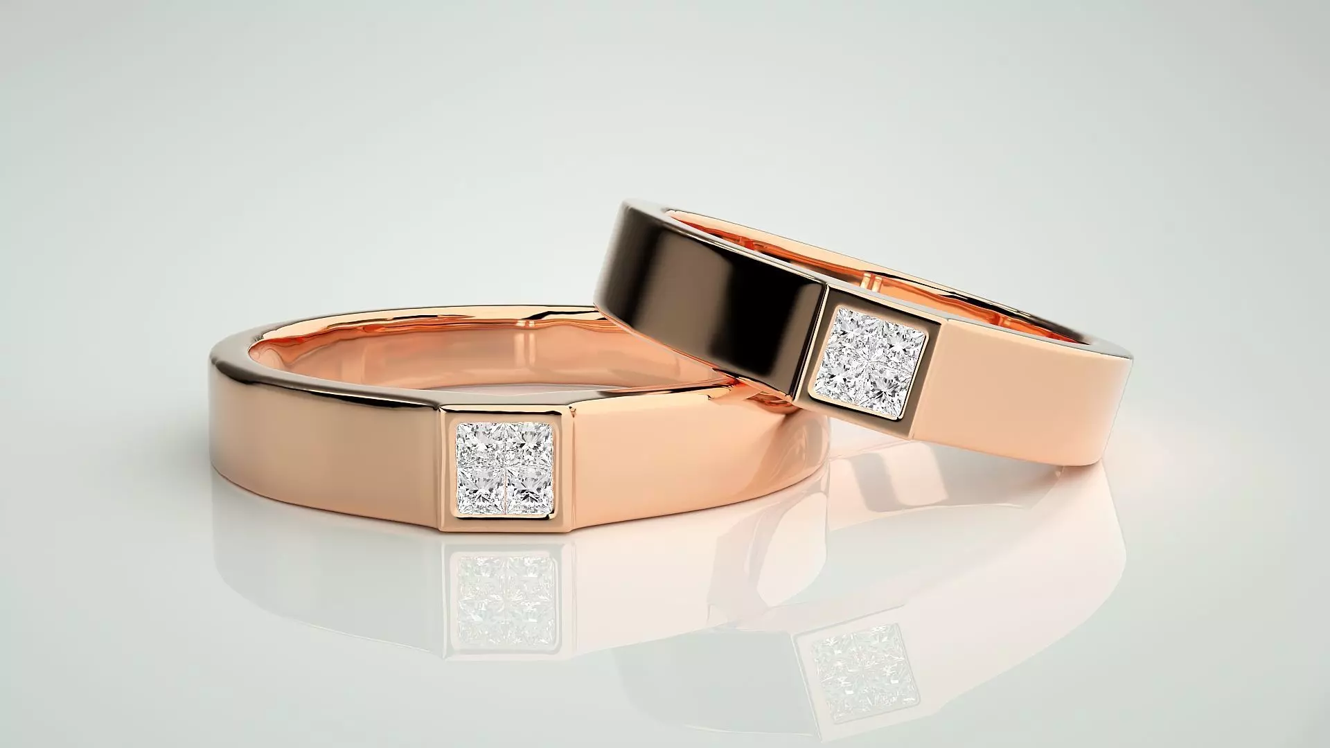 Princess Solitaire Couple Band Ring 3dm stl render detail 3D print model_0