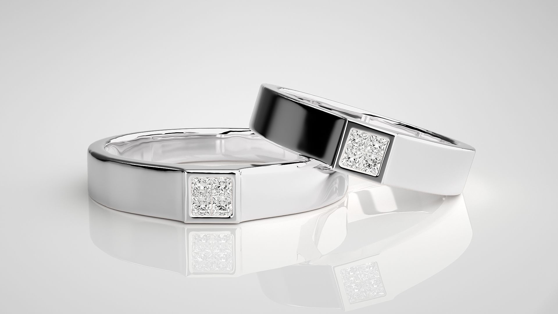 Princess Solitaire Couple Band Ring 3dm stl render detail 3D print model_5