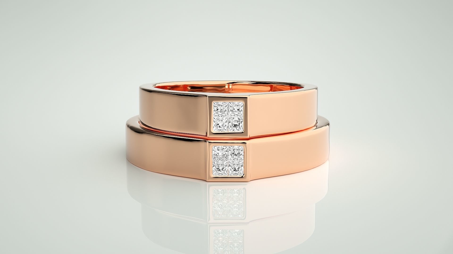 Princess Solitaire Couple Band Ring 3dm stl render detail 3D print model_2