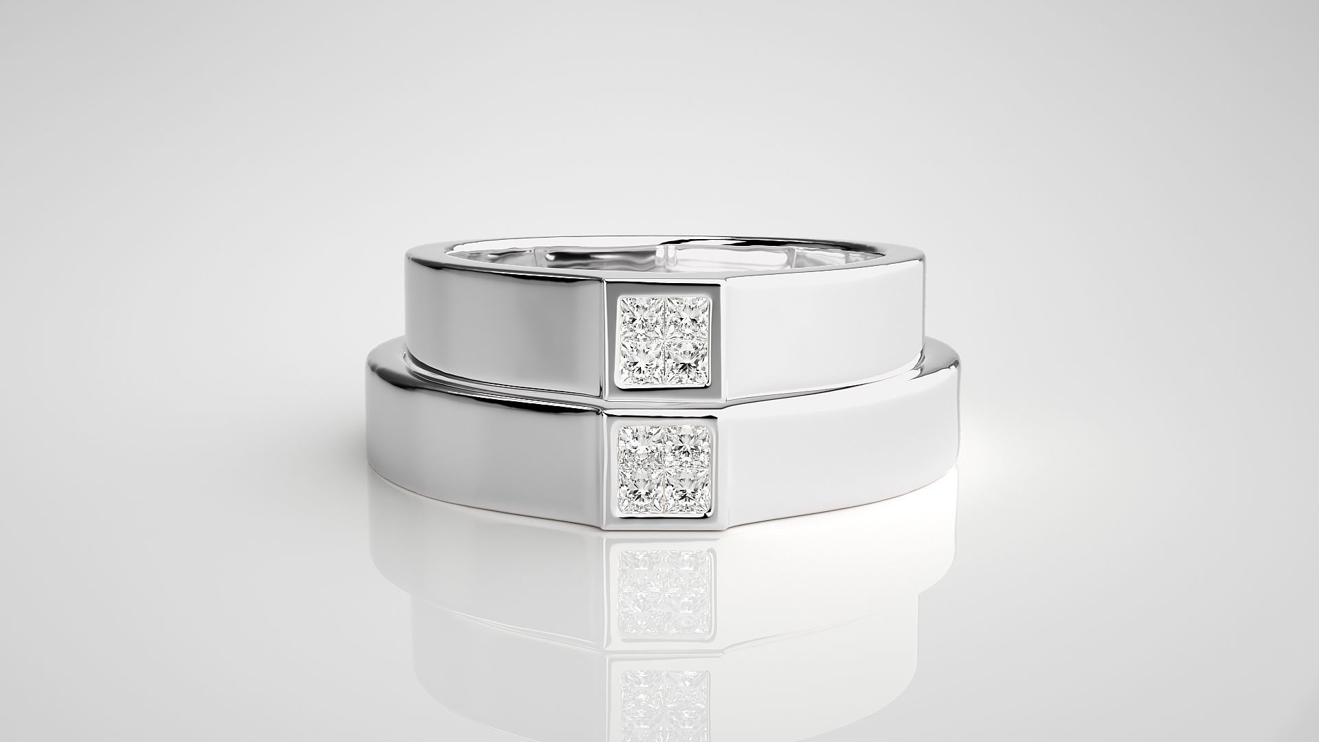 Princess Solitaire Couple Band Ring 3dm stl render detail 3D print model_7