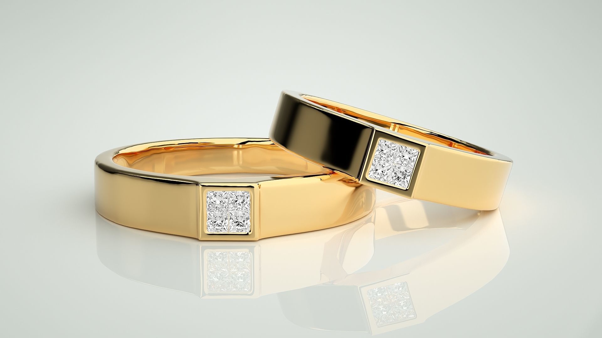 Princess Solitaire Couple Band Ring 3dm stl render detail 3D print model_9