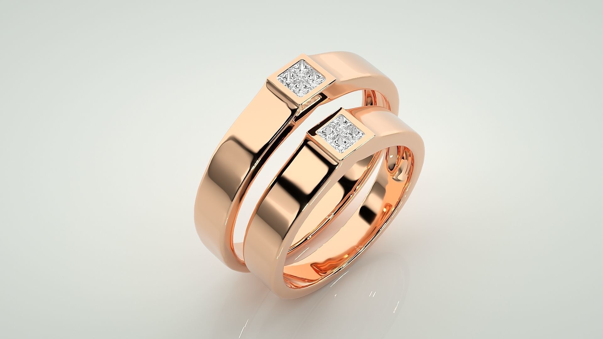 Princess Solitaire Couple Band Ring 3dm stl render detail 3D print model_3