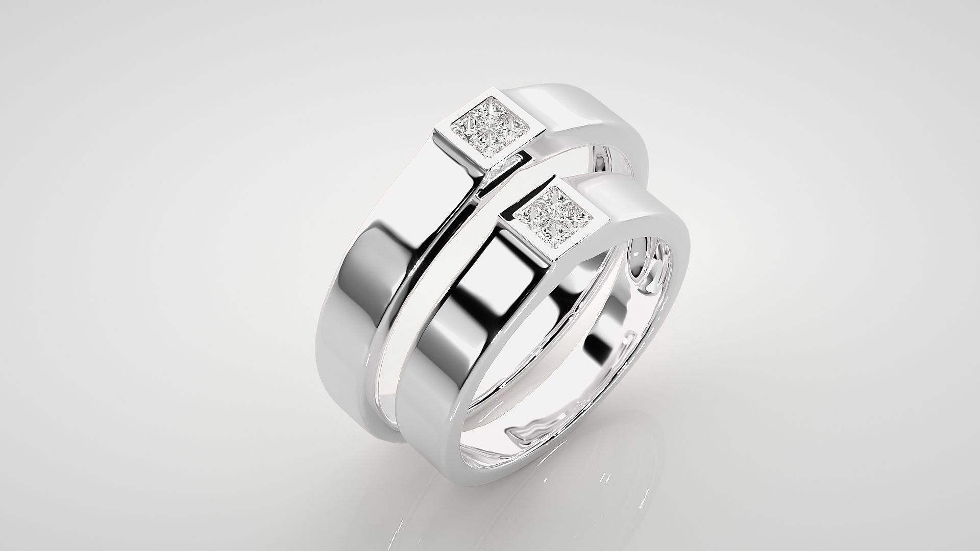 Princess Solitaire Couple Band Ring 3dm stl render detail 3D print model_8
