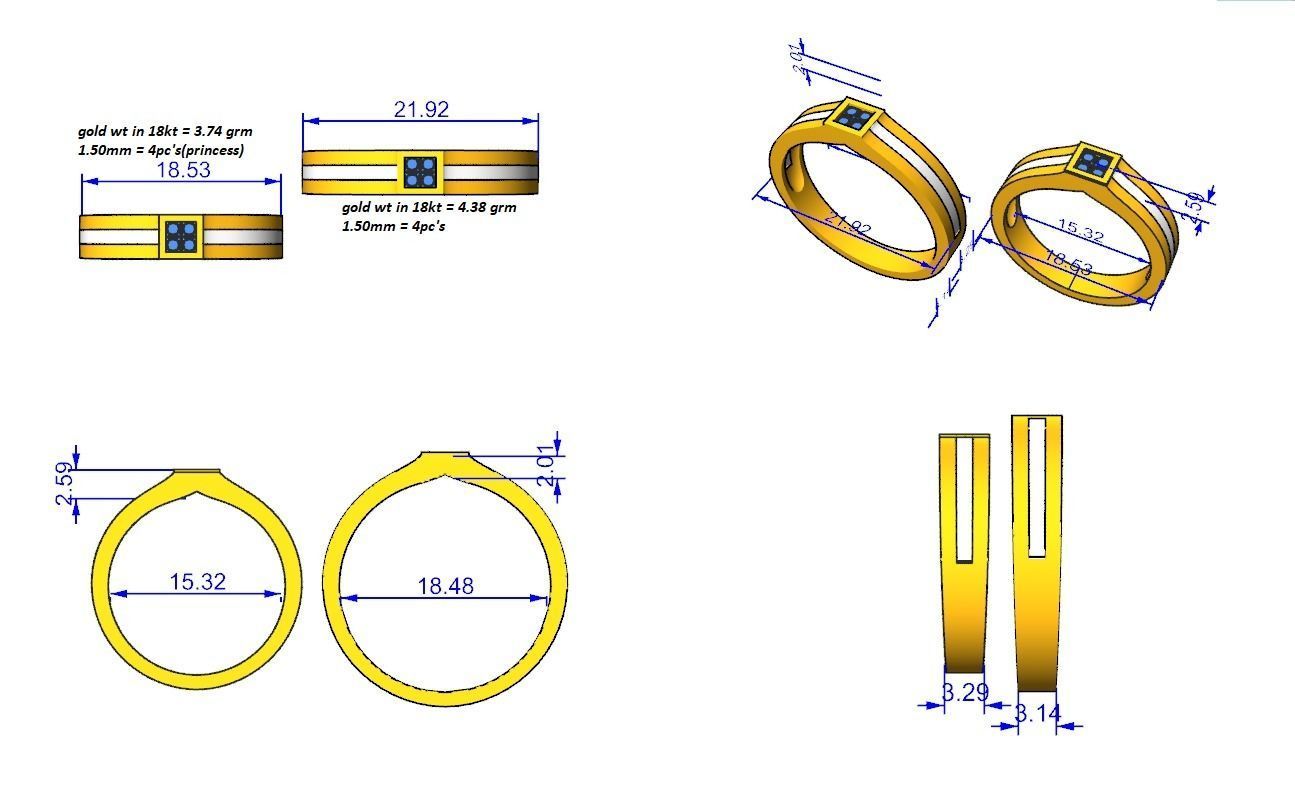 Princess Solitaire Couple Band Ring 3dm stl render detail 3D print model_4