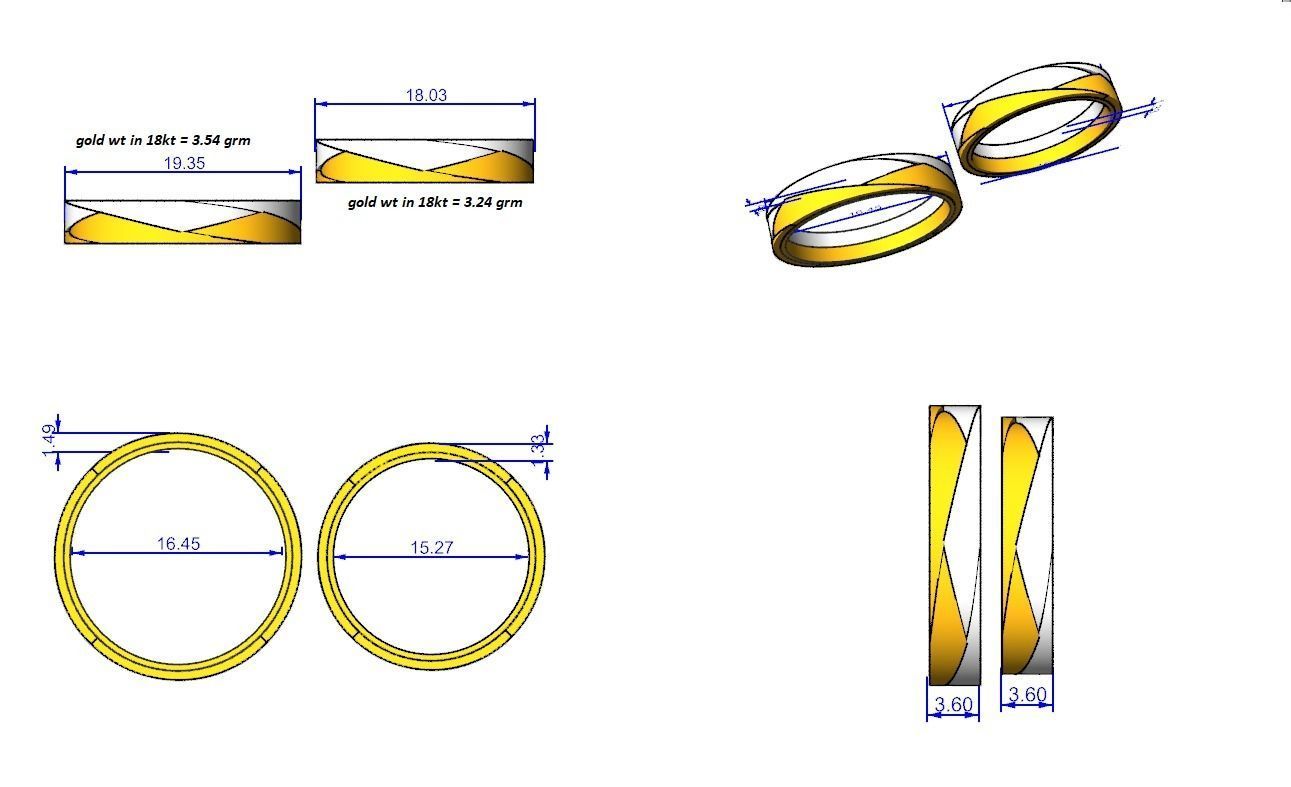 Wave Plain Gold Couple Band Ring 3dm stl render detail 3D print model_3