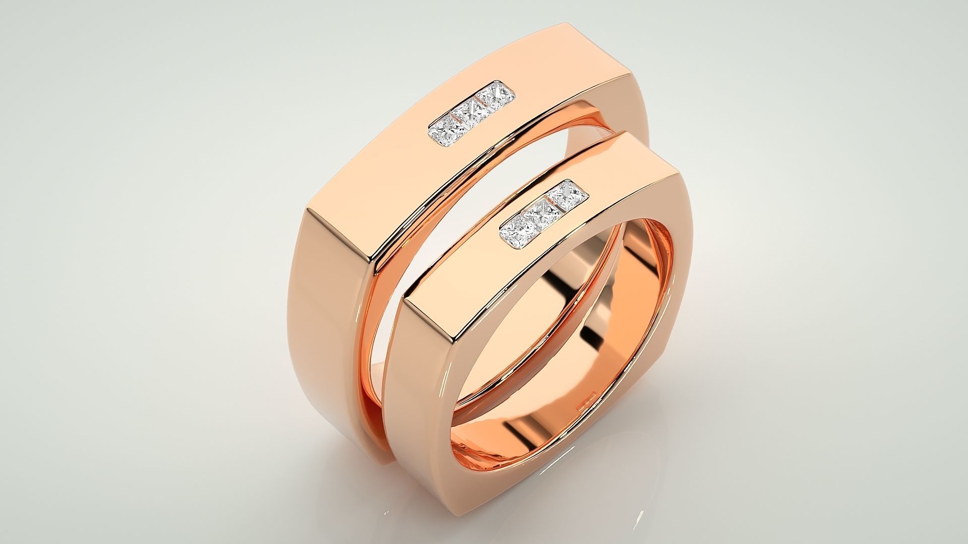 Square shape Solitaire Couple Band Ring 3dm stl render detail  3D print model_4