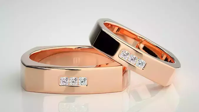 Square shape Solitaire Couple Band Ring 3dm stl render detail 