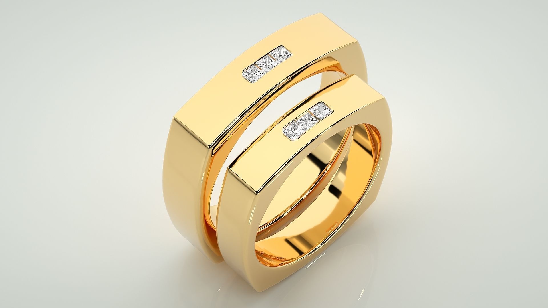 Square shape Solitaire Couple Band Ring 3dm stl render detail  3D print model_12