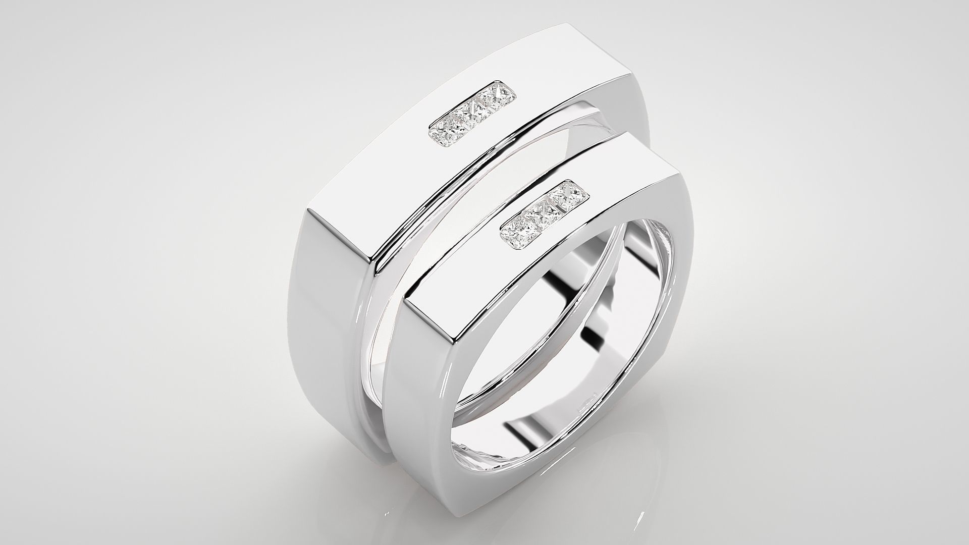 Square shape Solitaire Couple Band Ring 3dm stl render detail  3D print model_8