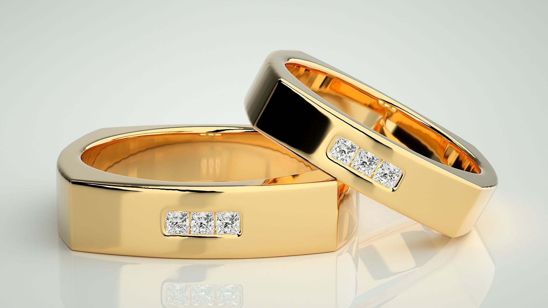 Square shape Solitaire Couple Band Ring 3dm stl render detail  3D print model_9