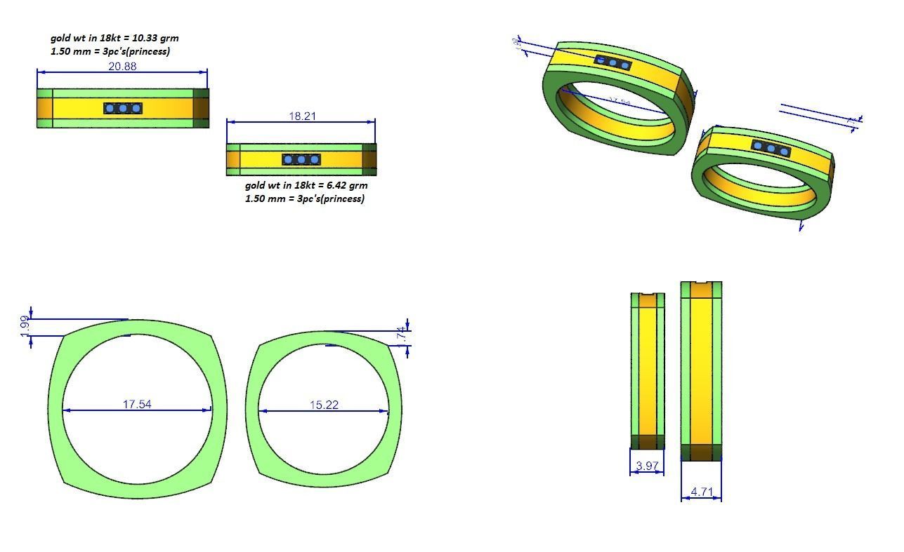 Square shape Solitaire Couple Band Ring 3dm stl render detail  3D print model_3