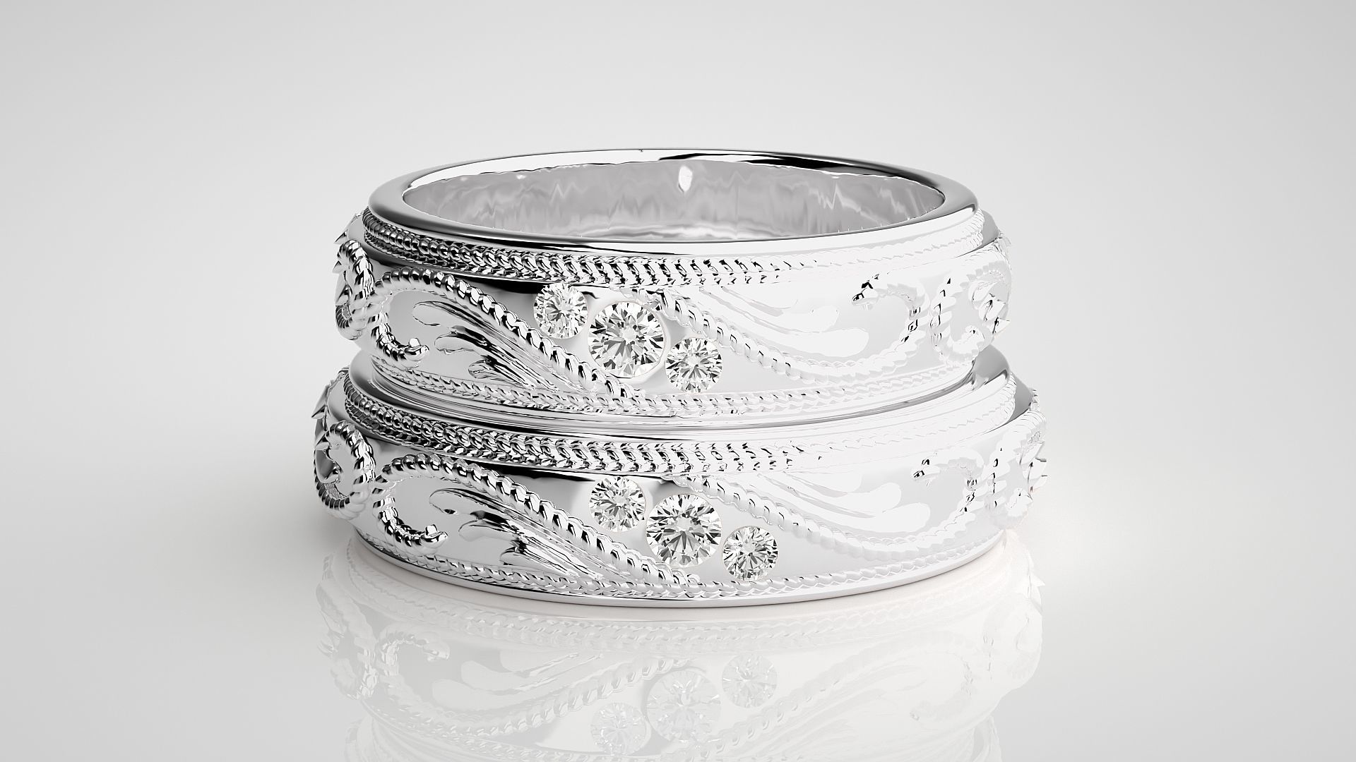 Classic Vintage Tri-Diamond Couple Band Ring 3dm stl render  3D print model_7