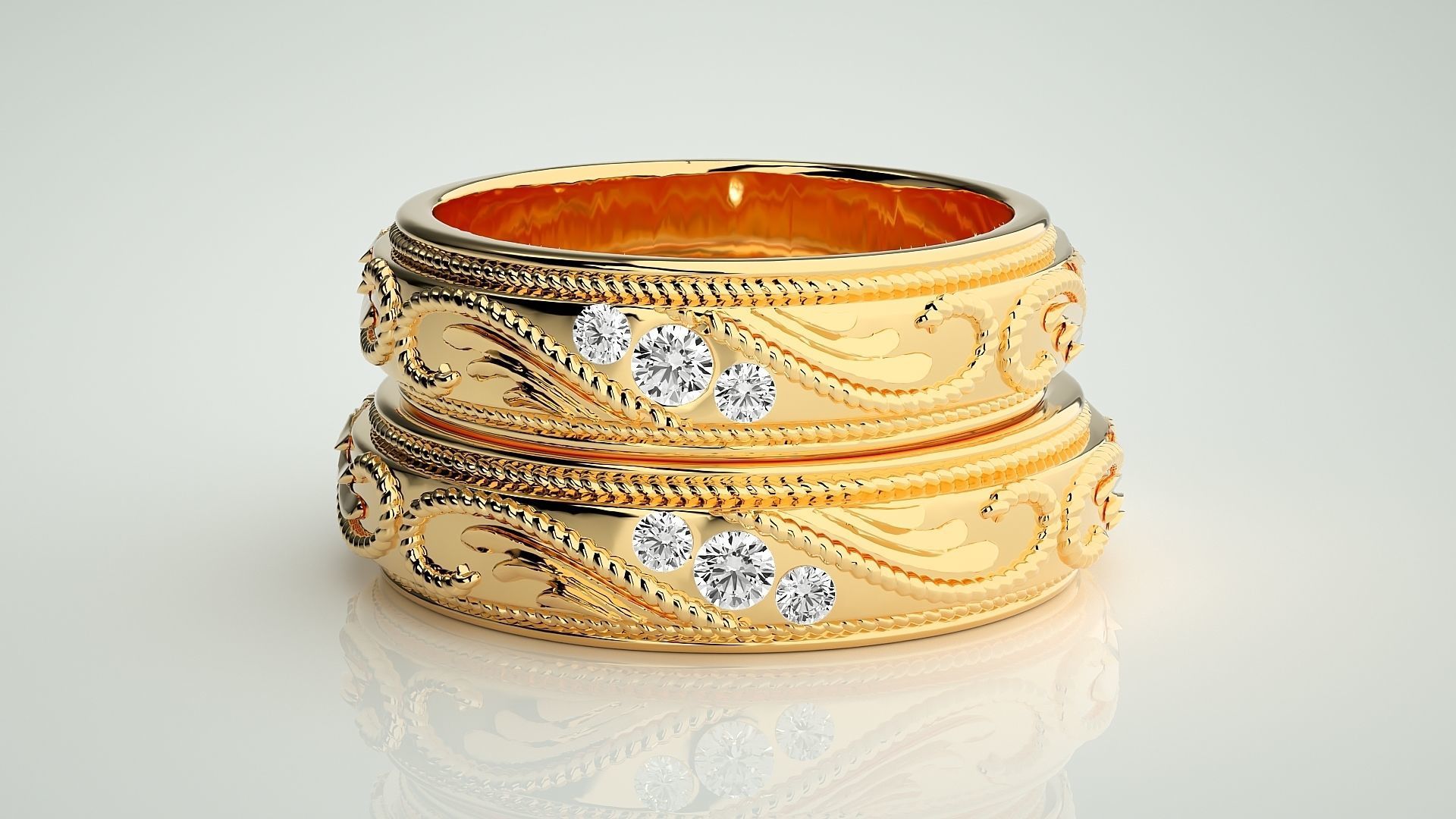 Classic Vintage Tri-Diamond Couple Band Ring 3dm stl render  3D print model_11