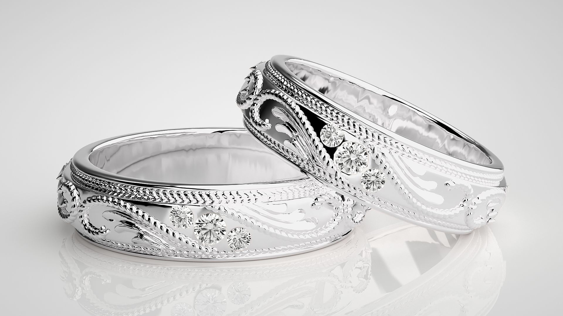 Classic Vintage Tri-Diamond Couple Band Ring 3dm stl render  3D print model_5