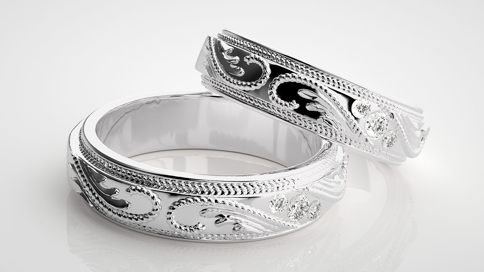 Classic Vintage Tri-Diamond Couple Band Ring 3dm stl render  3D print model_6