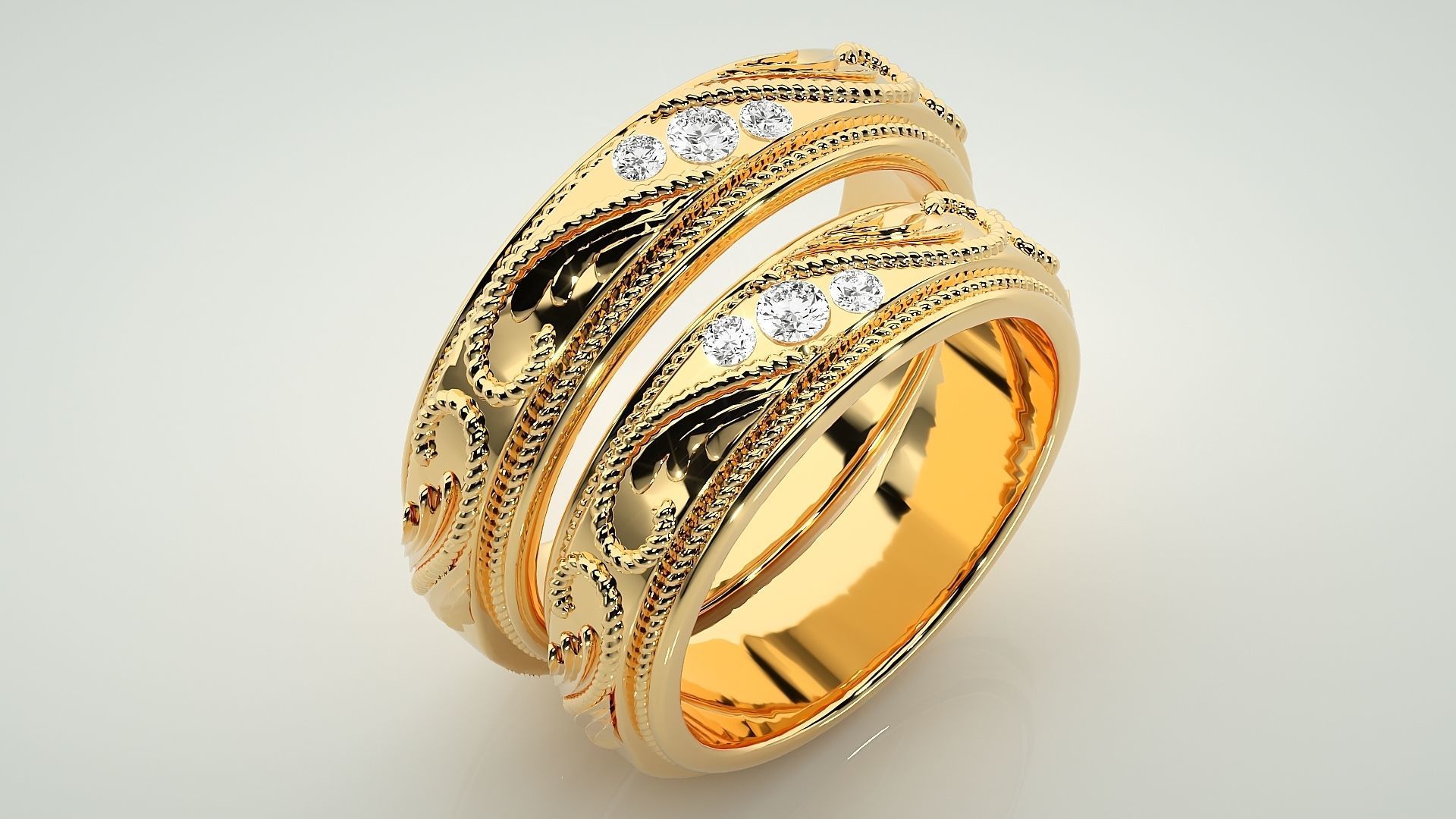 Classic Vintage Tri-Diamond Couple Band Ring 3dm stl render  3D print model_12