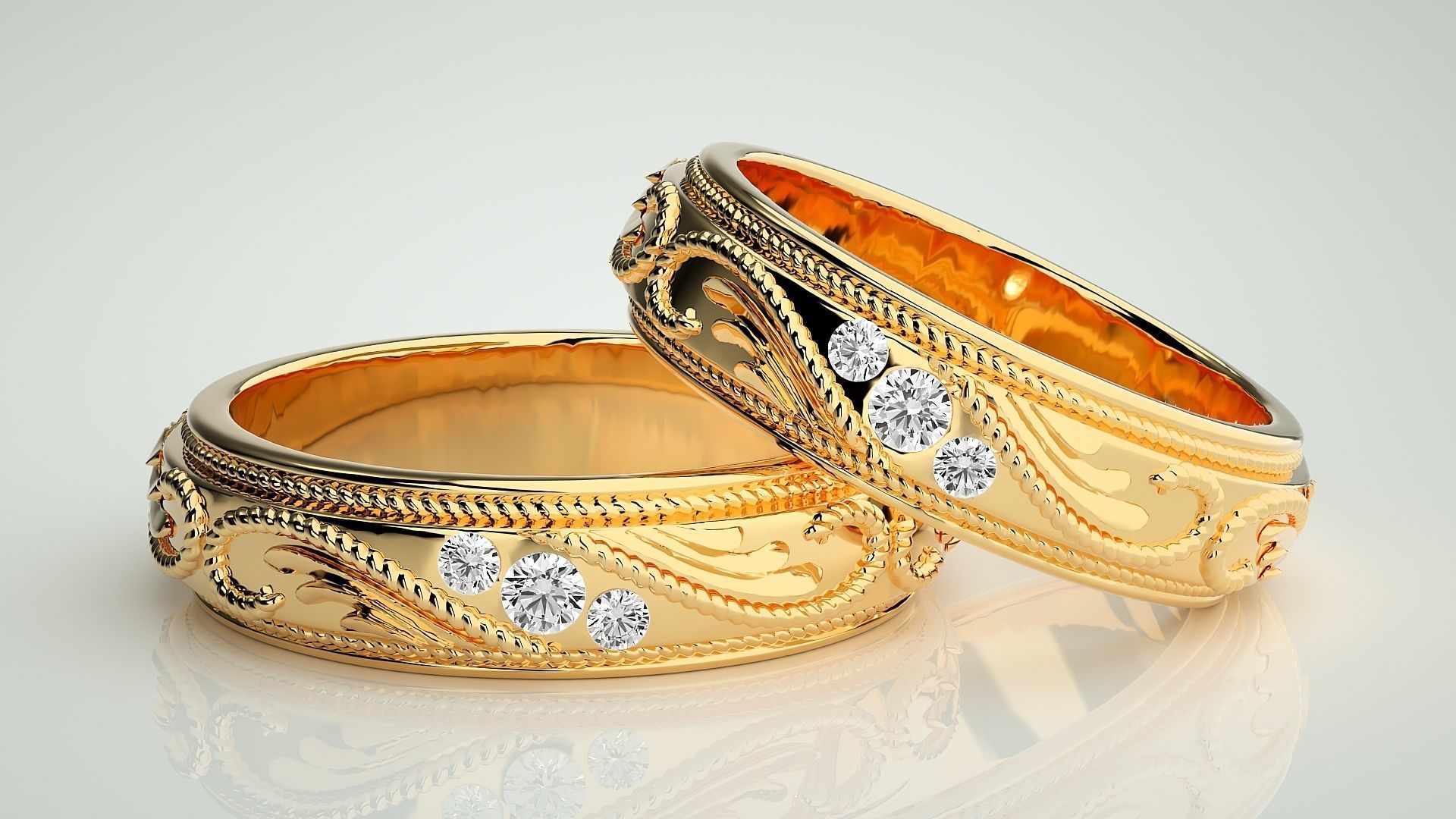 Classic Vintage Tri-Diamond Couple Band Ring 3dm stl render  3D print model_9