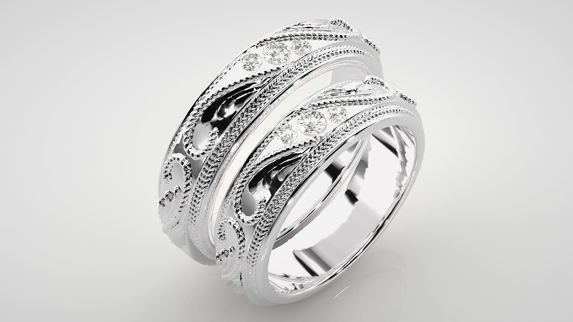 Classic Vintage Tri-Diamond Couple Band Ring 3dm stl render  3D print model_8
