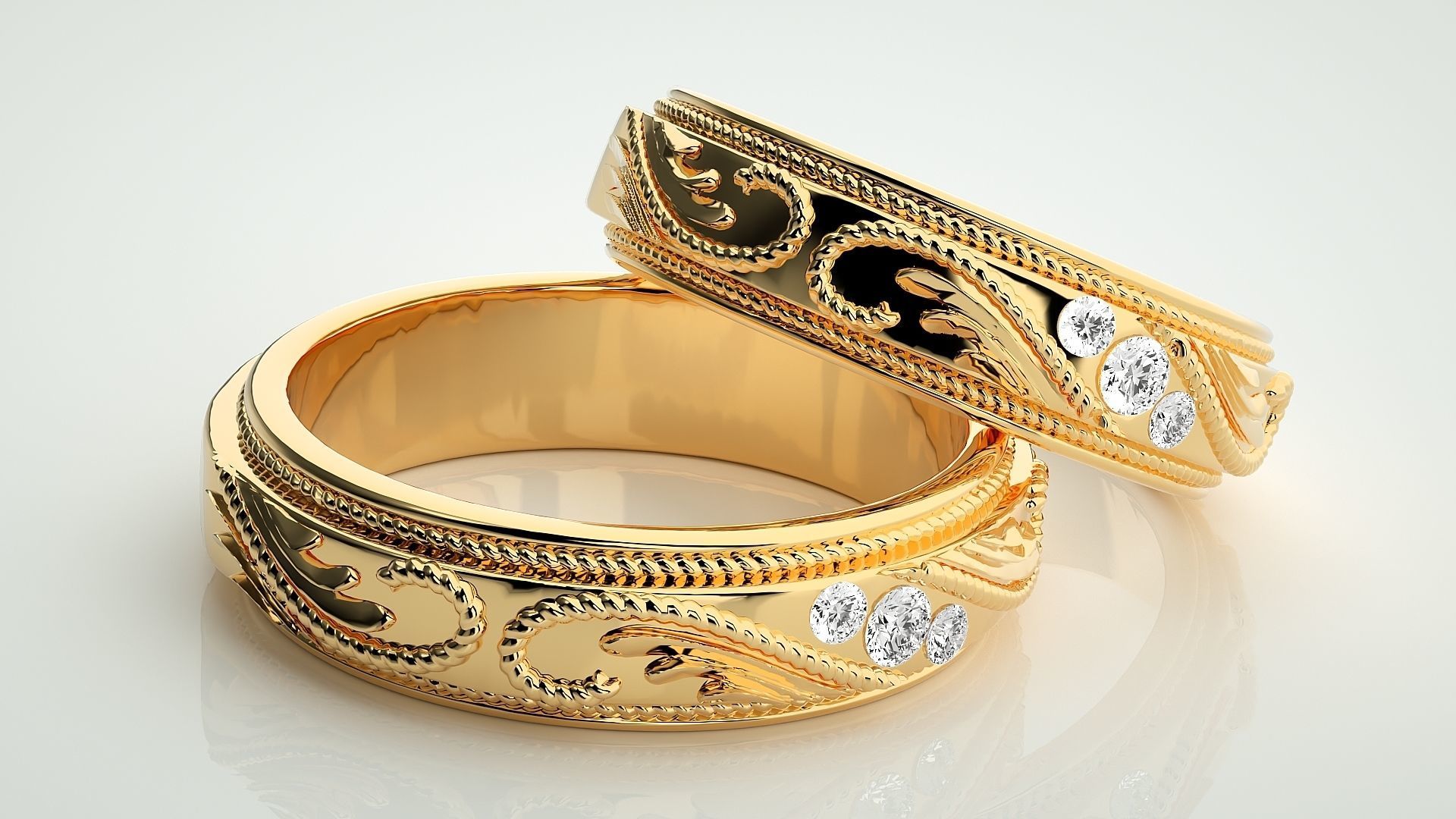 Classic Vintage Tri-Diamond Couple Band Ring 3dm stl render  3D print model_10