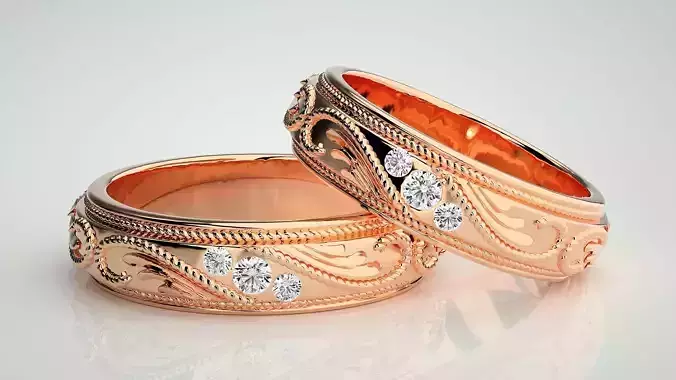 Classic Vintage Tri-Diamond Couple Band Ring 3dm stl render  3D print model