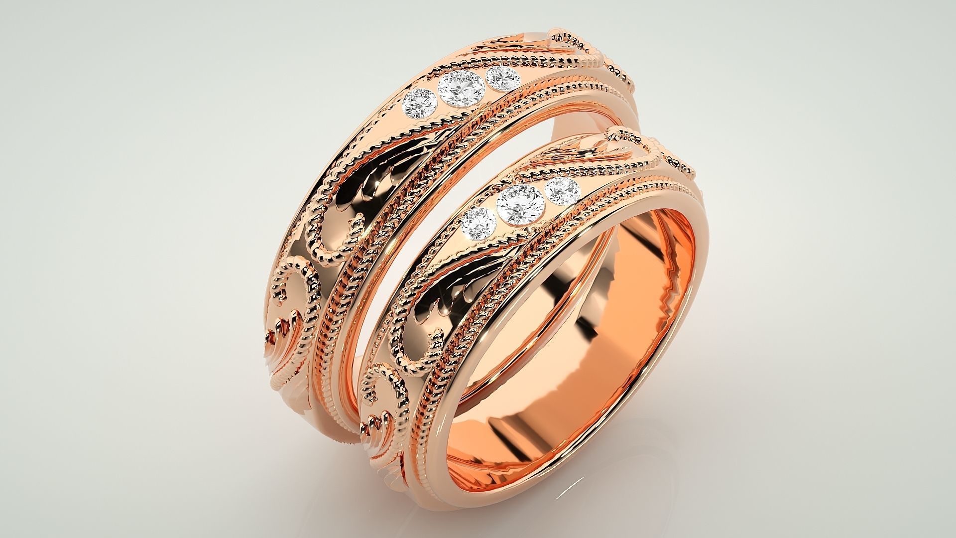 Classic Vintage Tri-Diamond Couple Band Ring 3dm stl render  3D print model_4