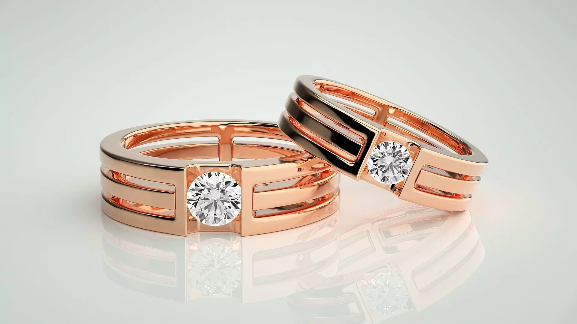 Solitaire Couple Band Ring 3dm stl render detail 3D print model_0