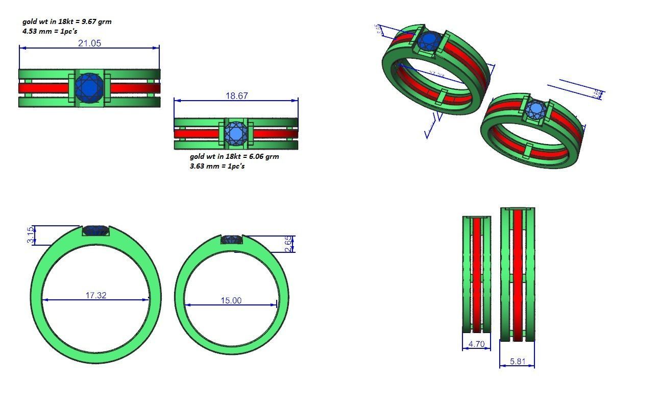 Solitaire Couple Band Ring 3dm stl render detail 3D print model_3